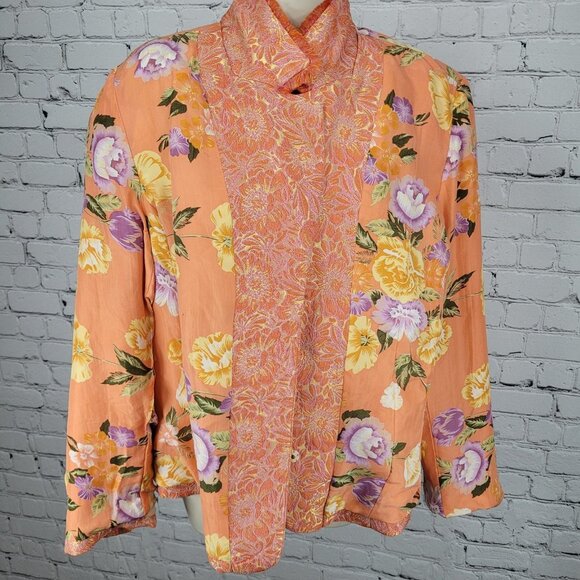 ECI New York Orange Floral 100% Silk Lined Rhinestone Snap Notch Jacket Size 14 - Picture 6 of 16